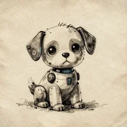 a cute robot puppy!!!. ( ( ( alcohol ink on parchment, muted colors, detailed, textured parchment background, 1 9 5 0 s concept art ) ) )