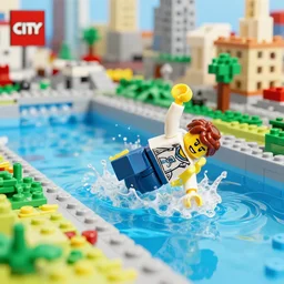 a man falling into a river in lego city
