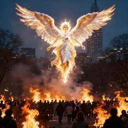 photograph photo of a horrific, bright, shining holy angel descending upon a city park. the park is on fire. the crowd of people is on fire.