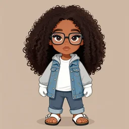 A beautiful woman with #E0A37A skin color with long, puffy, afro hair, half-frame square glasses, light grey hoodie opened, white T-Shirt, white gloves, denim jacket, birkenstock sandals, cartoon style, trending on Deviantart, Only on Twitter