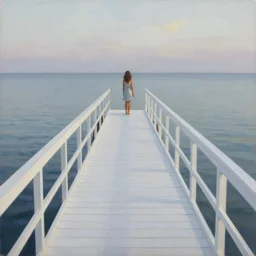 painting of a woman standing at the end of a pier, the pier is white and has white railing, she is visible from behind and from distance, the sea surrounding the pier is calm, soft evening light, volumetric lighting, style of greg rutkowski