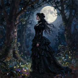 A beautiful victorian woman, night, moon, silhouette, gothic dress, flowing hair, oil painting, portrait, magical forest, glowing light, dramatic lighting, dramatic light, masterpiece, long shadow, painted by Rembrandt