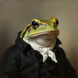 a head - and - shoulders portrait of an anthropomorphic amazon milk frog wearing a black buttoned jacket with a white scarf, an american romanticism painting by john trumbull, a portrait painting, cgsociety, soft focus, oil on canvas