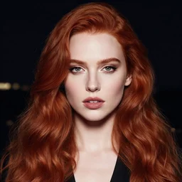 beautiful glamour model, perfect glamour, long red wavy hair, perfect lips, pale skin, symmetrical face, dramatic, night, magazine cover, strong, photographic