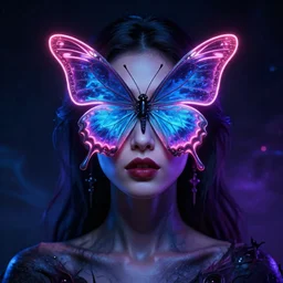 a portrait of a beautiful woman with a neon butterfly covering her face head, cult secret society art by james paick, and shaddy safadi, ominous, cosmic horror, trending on artstation, ultra detailed, hyper realistic 4 k, octane, cinema 4 d, c 4 d render