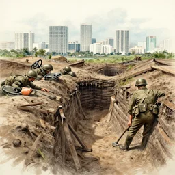 milt kahl sketch of world war 1 trenches with the city of miami in the background