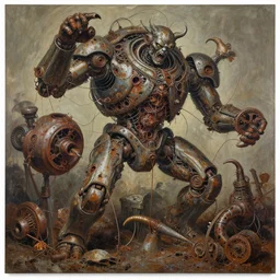 thick acrylic painting flayed god machines, cluster battle chaos, intricately macerated by age, sentient, dethroned goliath machine, furious whipping blood turbines, hydrocracking battles, rusted, macerated, eviscerated by fimbria wires, bicornate fungal pit, trash patina sheen rotting, by alberto bontempi, alex ross, shigeru