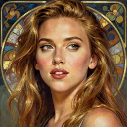 painted closeup portrait of scarlett johansson, long hair, feminine, young, charming, majestic, athletic, fantasy, intricate, elegant, extremely detailed digital painting, trending artstation, concept art, sharp focus illustration art by alphonse mucha, greg rutkowski, craig mullins