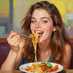 amazing very detailed photorealistic painting of a beautiful woman enjoying a delicious mean. vibrant in color, very funny, personal, positive, visually pleasing and engaging. high resolution. high quality. hq hd. trending on artstation.