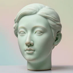 porcelain sculpture head eva green, highly detailed, light colors, pastel background, realistic, canon 5 d