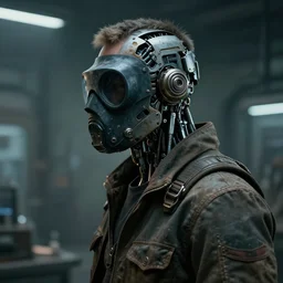 a half - masked rugged laboratory engineer man with cybernetic enhancements as seen from a distance, scifi character portrait by greg rutkowski, esuthio, craig mullins, 1 / 4 headshot, cinematic lighting, dystopian scifi gear, gloomy, profile picture, mechanical, half robot, implants, atompunk