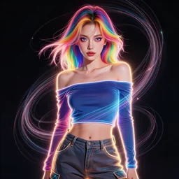 a award winning half body portrait of a beautiful woman with stunning eyes in a off shoulder croptop and cargo pants with rainbow colored hair, outlined by whirling illuminated neon lines and fine lines swirling in circles by jesper ejsing and rhads and makoto and shinkai and lois van baarle, digital art, trending on artstation