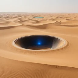 intergalactic stargate portal in the middle of a vast desert, with dunes stretching out as far as the eye can see, and a single oasis in the distance