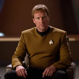 A film still of Dax Sheppard starring as a Captain Picard in a Star Trek: The Next Generation, sitting in Ten Forward, dramatic lighting