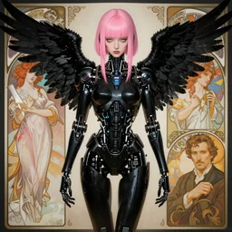 黒 い 天 使, cyberpunk robot girl pink hair, by stanley artgerm lau, greg rutkowski, thomas kindkade, alphonse mucha, loish, norman rockwell.