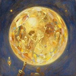 classical oil painting of anime environment concept art featuring a golden crystal sphere, fantasy, trending on artstation, stylistic, brush strokes, oil, canvas, by kawacy and makoto shinkai