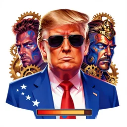 portrait of donald trump with sunglasses as superhero, maga stars stripes doom eternal with detailed faces enchanted psychedelic wide angle shot white background vector art illustration gears of war illustration gta 5 artwork of donald trump, in the style of gta 5 loading screen, by stephen bliss and frank frazetta