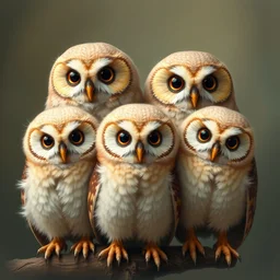 a portrait of a family of owlets. the owls have really detailed, fluffy feathers. the colours are by wes anderson, picture by studio ghibli