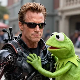 The Terminator with face of Arnold Schwarzenegger fighting against Kermit the frog in street, full head, style film