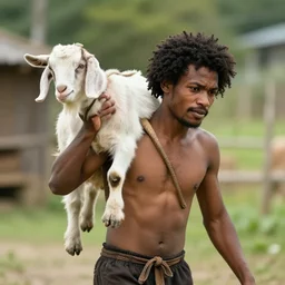 a shirtless bramhin man carrying a goat around his neck