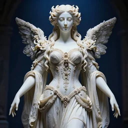 renaissance style a wonderful female goddess with a wonderful face and realistic arms and hands and realistic 5 fingers and realistic body with long intricate hair with a beautiful porcelain symmetrical body dressed with a majestic warp ornate cream long cotton dress, hightly ornate, intricate, detailed, dramatic light, cinematic, award winning, octane render, blue light, tom bagshaw style