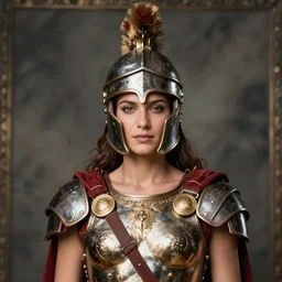 portrait of female roman gladiator with helmet and armor, color photograph by mario testino