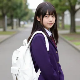 kaede akamatsu wearing a purple school uniform with white backpack