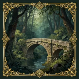book cover!!!!!!!!!!!!, old bridge, ivy vector elements at each border, fantasy forest landscape, fantasy magic, light night, intricate, elegant, sharp focus, illustration, highly detailed, digital painting, concept art, matte, art by wlop and artgerm and ivan shishkin and andrey shishkin, masterpiece
