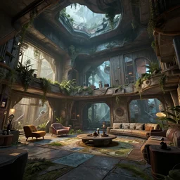 the interior of an modern house, style artstation, style greg rutkowsk, comic art book,, octane render, unreal engine 6, epic game graphics, fantasy, post - apocaliptic