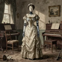 detailed well preserved lithography of female android in beautiful victorian dress standing in decaying guest room with piano and chair