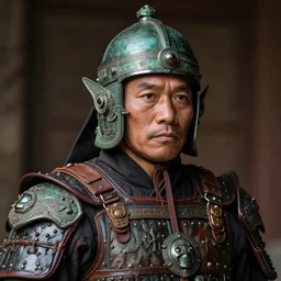 tai warlord closeup portrait, historical ethnic group, traditional tai costume, bronze headset, leather armor, fantasy, intricate with dong son bronze artifacts