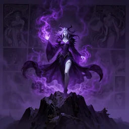 white skin, warlock woman with glowing white eyes standing on a jagged mountain top conjuring dark purple smoke glowing magic all around her, illustration, cinematic lighting, 8 k, d & d, dof, artstation, tangled, digital art, twilight ray, art by tsuyoshi nagano, greg rutkowski, alphonse mucha, graphic novel layout by michael komarck, greg rut