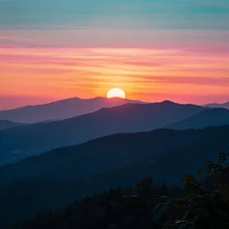 beautiful mountain landscape, vaporwave, sunset, professional photography