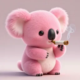 high quality 3 d render hyperrealistic very cute small pink koala smoking weed joint, smoke rising from the joint, plush mascot, short spiky dense fluffy smooth hair, photo from the side, pink fluffy fur, 1 5 0 mm, beautiful natural soft light, rim light, vray, smooth background, artstation, ultra detailed