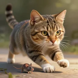 a cat chasing a mouse, digital painting, extremely detailed, sharp focus, unreal engine 5 highly rendered, global illumination, radiant light, highly detailed face