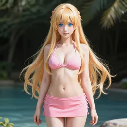 a very beautiful yuuki asuna, full body, long wavy blond hair, sky blue eyes, full round face, bikini, miniskirt, front view, mid - shot, cute pose, highly detailed, cinematic wallpaper by stanley artgerm lau