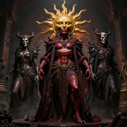 alpine herpes of world domination, sun god, death god, hell, smile, monster teeth covered in red, dark and mysterious, full body, rococo, cinematic, epic, very detailed, full body