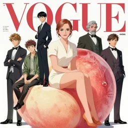 vogue magazine, elle magazine, anima emma watson sitting giant half peach, ilya kuvshinov, greg rutkowski, john singer sargent, anime, trending on artstation, intricate