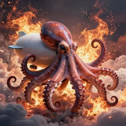 a giant octopus wrapping it's tentacles around a blimp and pulling it to the ground, photorealistic, trending on artstation, 8 k, fire, clouds