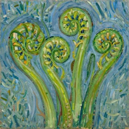 Fiddleheads, painted by Vincent Van Gogh (1890), oil on canvas, detailed brushstrokes