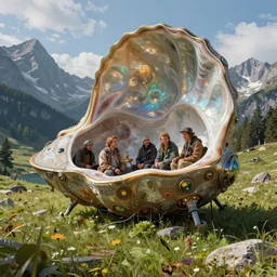 detailed nacreous hard shell alien spacecraft in a picturesque mountain meadow in the french alps. mathias kollros mark winters villeneuve lie setiawan lius lasahido manuel castanon. portrait vivid intricate vibrant elaborate inks unreal engine render.