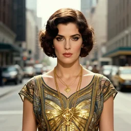 sunny leone, a beautiful art nouveau portrait by Gil elvgren and Jim mahfood, 1920s city environment, centered composition, defined features, golden ratio, gold jewlery, photorealistic professional lighting, cinematic