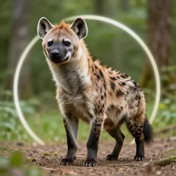 furry anthro Crocuta crocuta anthropomorphic spotted hyena man wearing cargo shorts professional profile photo portrait hiking forest in background