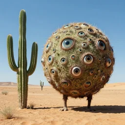 ball creature covered with eyes, in the desert next to a cactus, d & d, fantasy, greg rutkowski, frank frazetta, alexandre chaudret, boris vallejo, michael whelan, miro petrov, hr giger, magali villeneuve, donato giancola