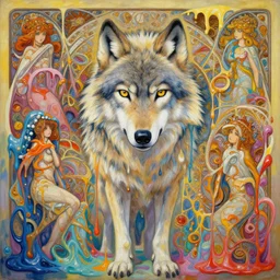 an hiper intricate oil painting of a beautifull wolf portrait surounded by melting colorfull wax drips, colorfull, excelent composition, wide shot, by yoshitaka amano, by greg rutkowski, by alphonse mucha by jeremyg lipkinng, by rhads, by ross tran, artstation, octane render