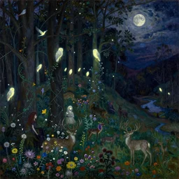 painterly dreamy dark midnight hill in the forest with trees, flowers, birds, glowing owls, deers, barely seen women, lianas, thistles, fantasy creatures, a stream and sky with moon and stars by Mikhail Vrubel, Alexei Savrasov, Aron Wiesenfeld, Ivan Kramskoi, dark fantasy, witcher, very detailed oil painting in the alla prima style, masterpiece, 8k