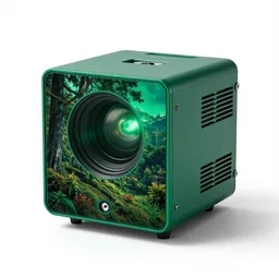 emerald green projector, studio product photography, isolated on a pure white background, centered, entire object in frame, sharp focus, soft studio lighting
