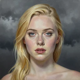 professional painting of Elle Fanning in the style of John Harris, head and shoulders portrait, symmetrical facial features, smooth, sharp focus, illustration, intricate, stormy weather, extremely detailed masterpiece,