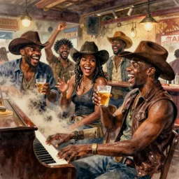 a rowdy watercolor of happy black gatecrashers in a cowboy bar, dust clouds, smooth, sharp focus, piano, ultrarealistic, art by dean cornwell and howard finster, paint splatters, artstation, octane render, cinematic, dynamic volumetric lighting by delphin enjolras