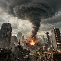 photo of a tornado tearing through a steampunk city